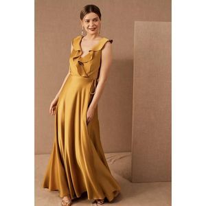 Sachin & Babi Tansy Satin BHLDN Yellow Cowl Neck Wrap Maxi Dress, 12